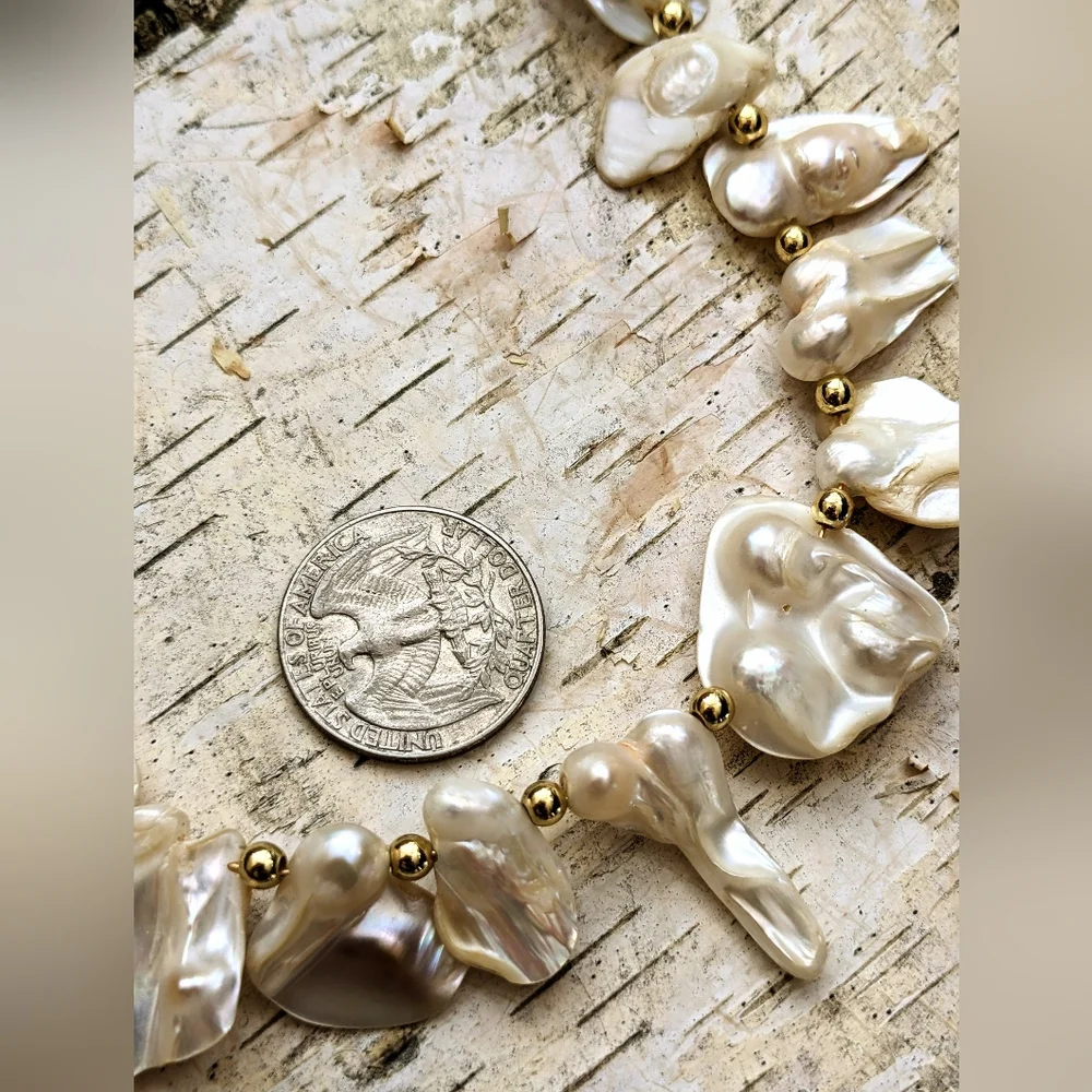 White Irregular Keshi Pearls In Classic 18K Gold  Plated Paperclip Necklace - Picture 9 of 9